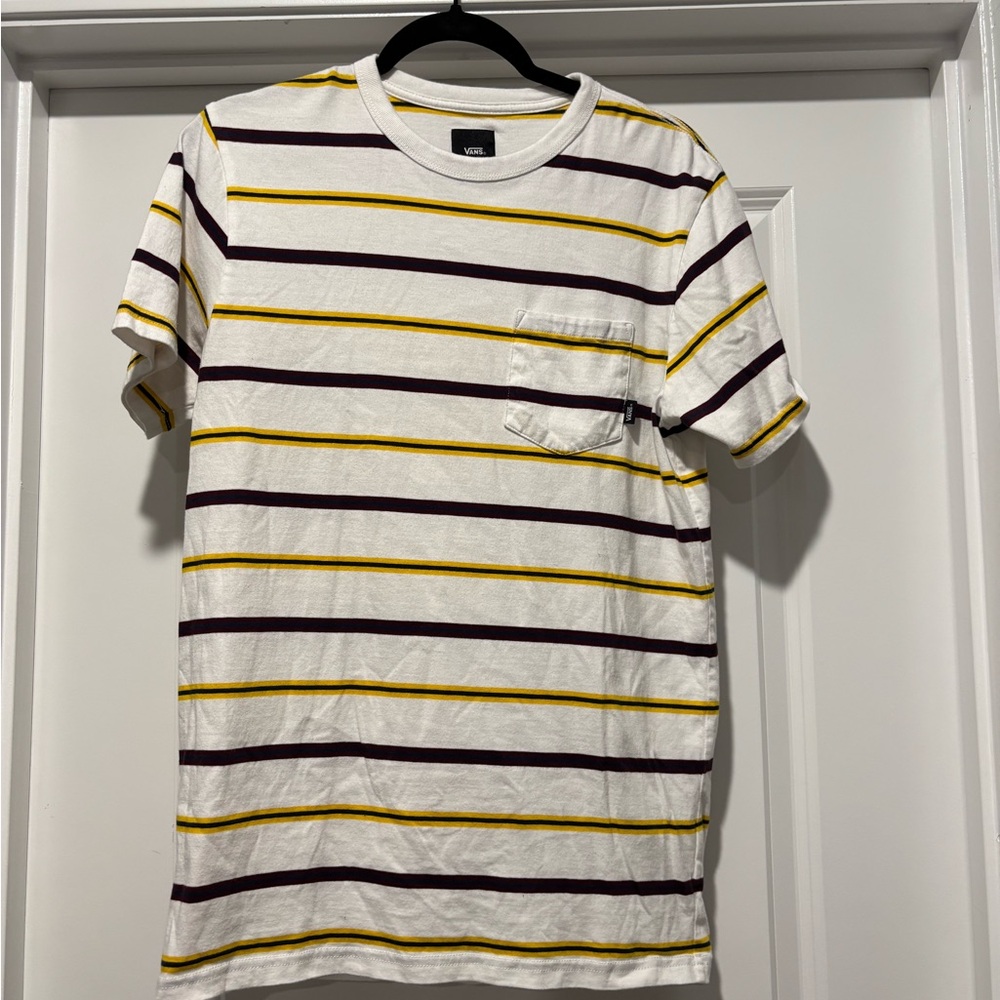 Vans White Crewneck Stripe Pocket Tee - Yellow & Maroon Men’s Small